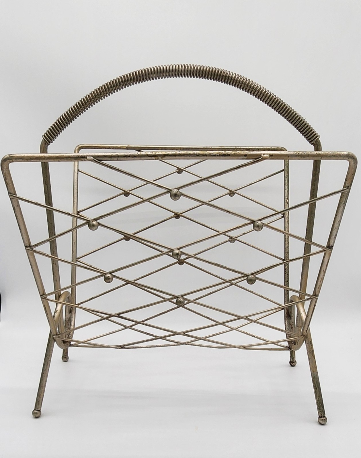 Vintage MCM Atomic Wire Magazine Rack/ Record Rack Silver Tone L-14w-13.5-h14