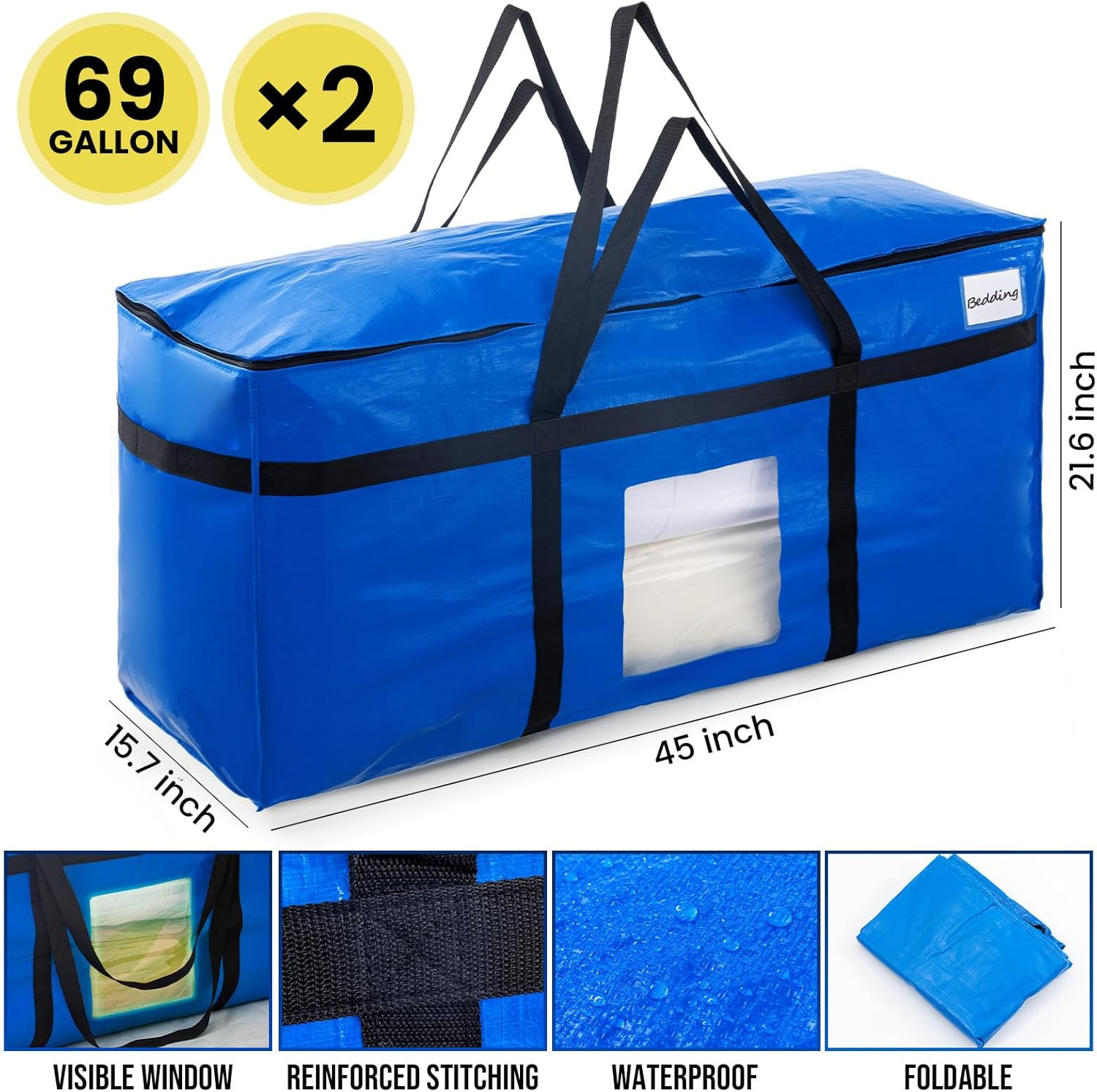2 Pack 69 Gallon Extra Large Storage Bags with Visible Window,Blue | XXL Heavy D