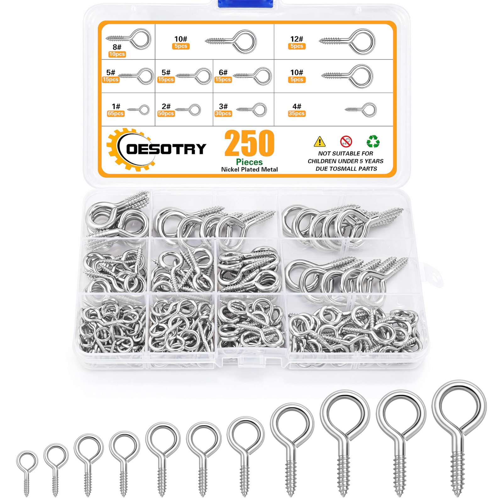 250Pcs Eye Screws, 9 Size 0.75″-1.75″ Eye Hooks Screw