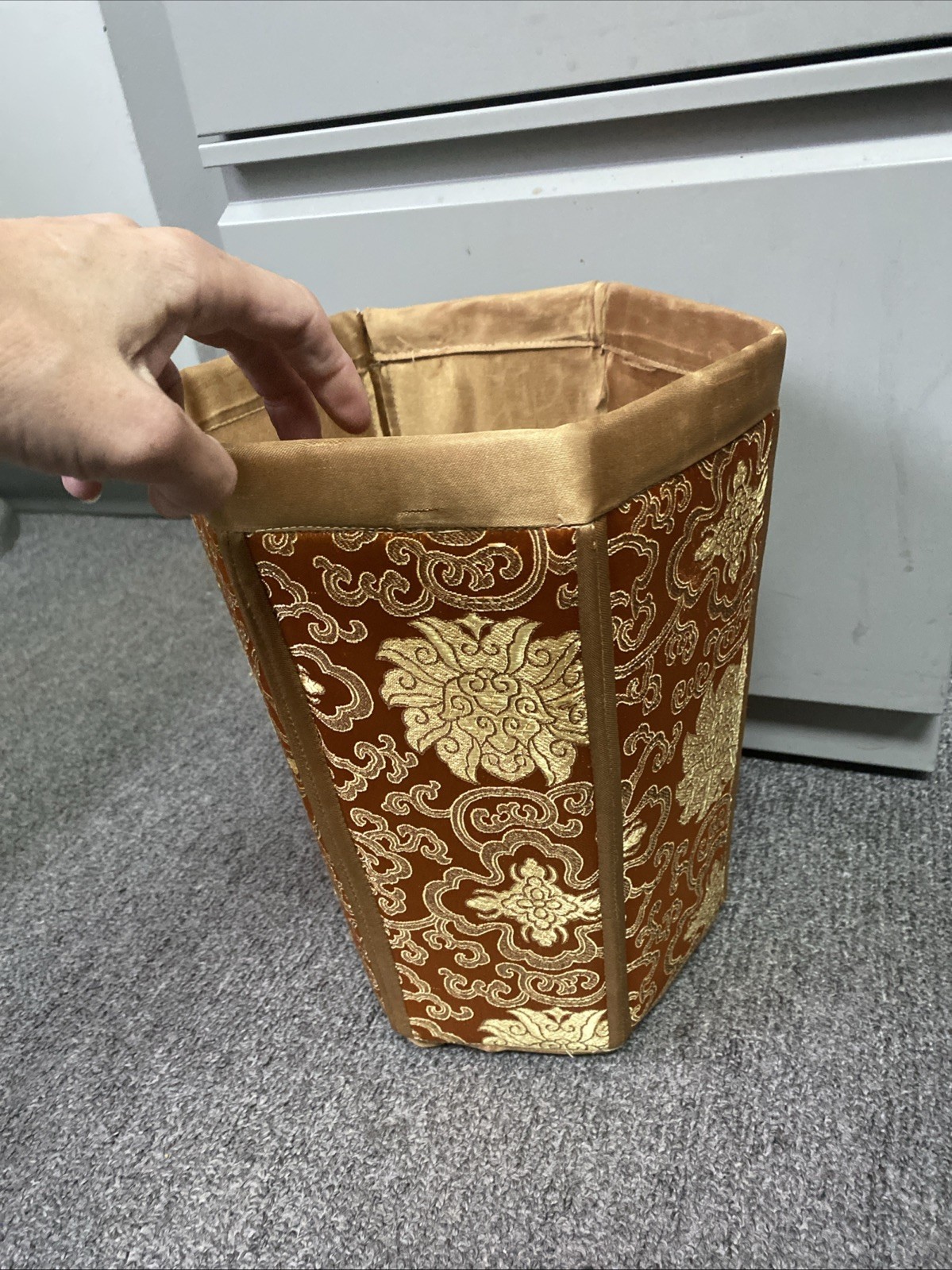 VTG Chinese Silk Brocade Hexagonal Waste paper Trash Basket Mcm 11.5x9x8″