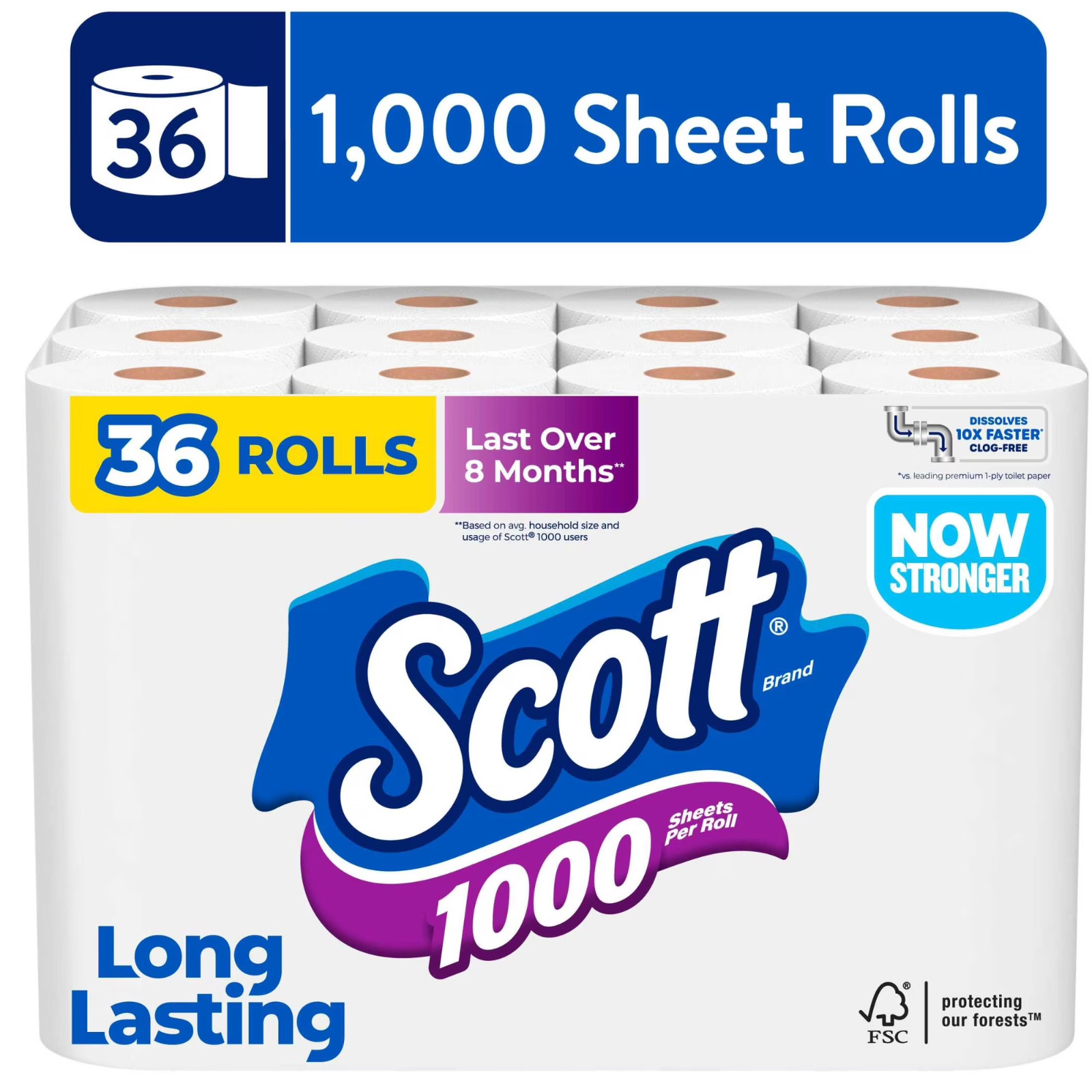 Scott 1000 Toilet Paper 36 Rolls 1-Ply Bath Tissue Long Lasting Bulk Value Pack