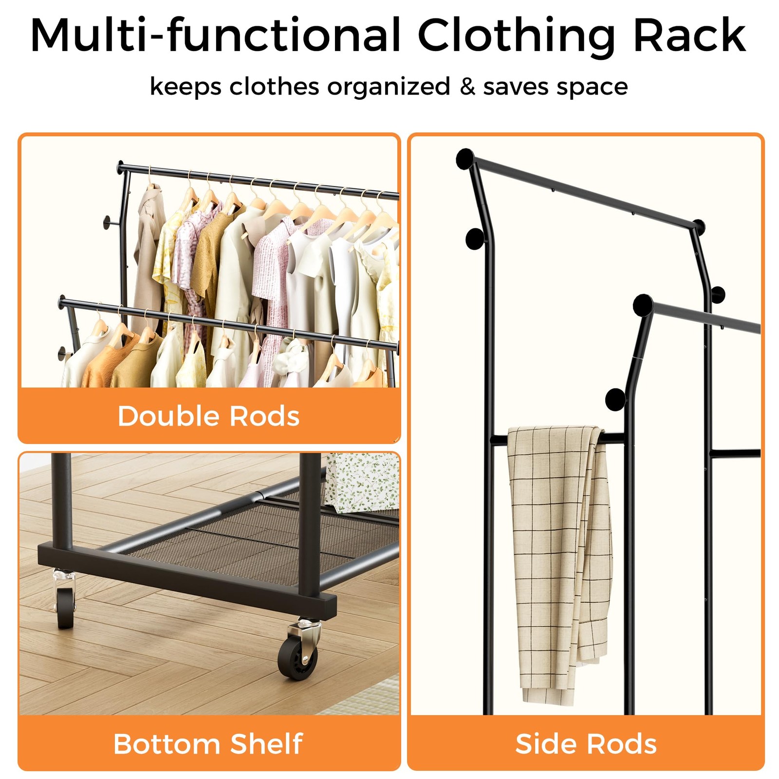 Double Rods Clothes Rack, Rolling Clothing Rack for Hanging Clothes with Hook…