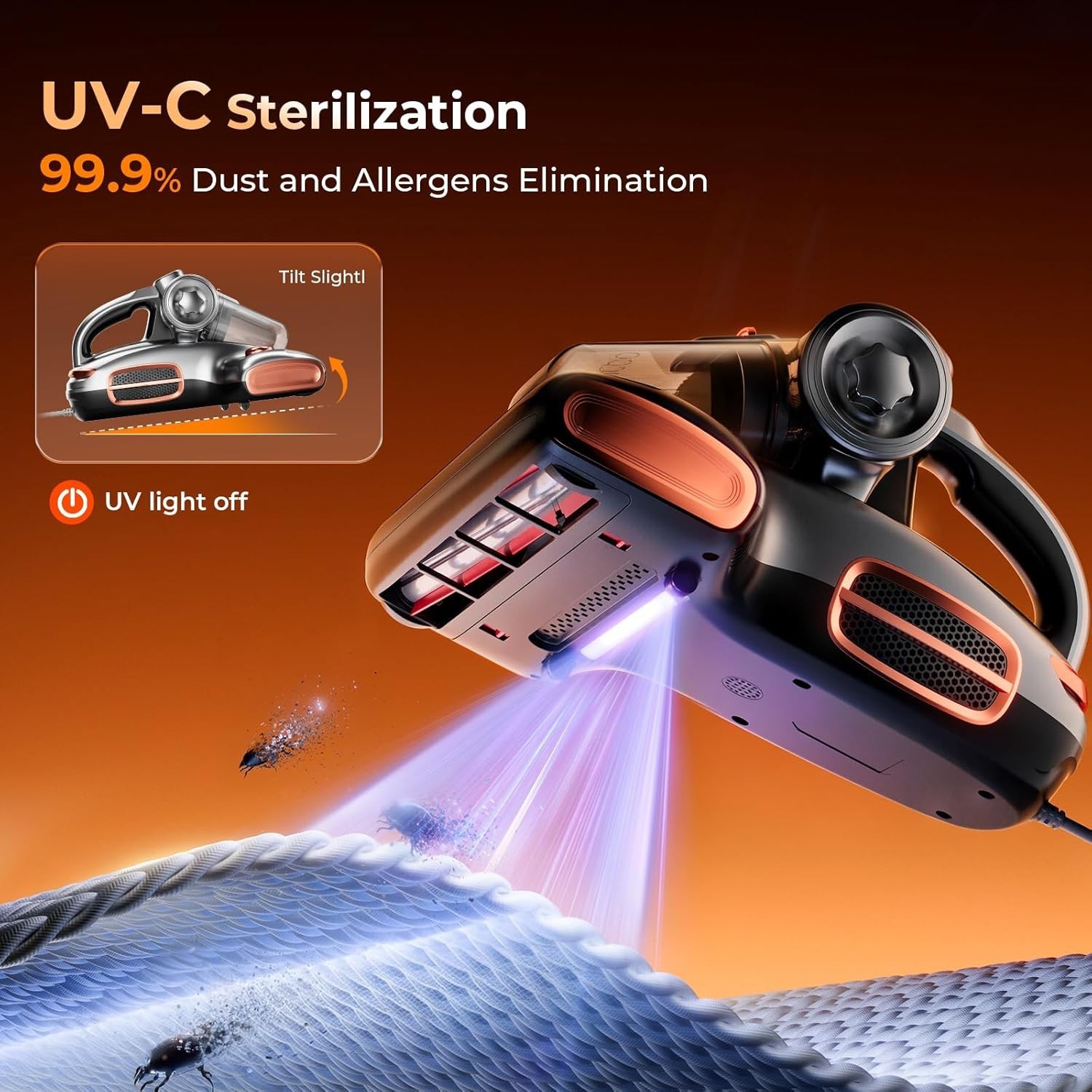 T600 Bed Vacuum Cleaner with UV-C Light, 15Kpa Suction 700W Powerful Double C…