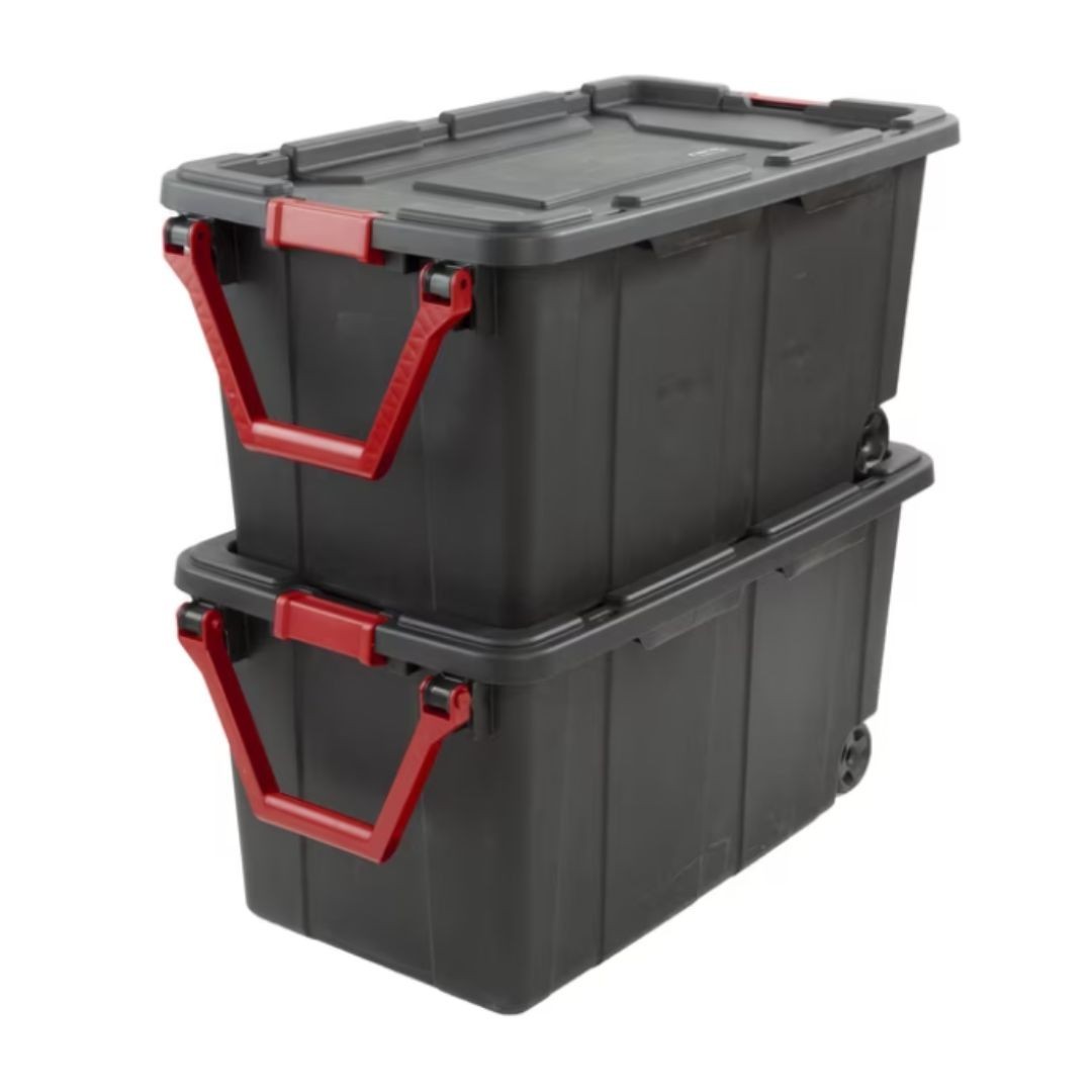 (2 Pack) Sterilite 40 Gallon Wheeled Storage Tote Black Latching Lid Pull Handle