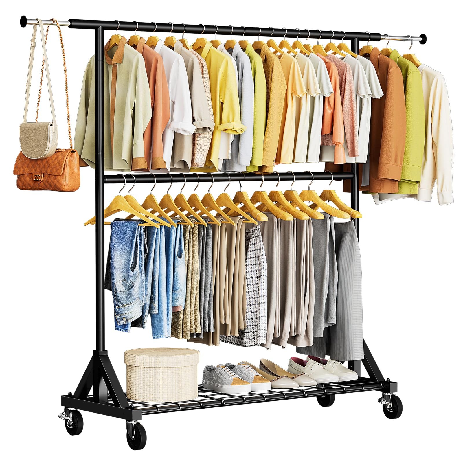 Luxspire Heavy Duty Clothes Rack Lockable Wheels Load 600 LBS, Black HC250088