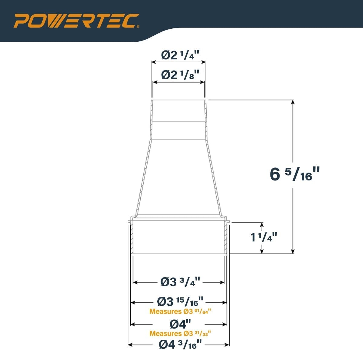 POWERTEC 70147 Tapered Adapter, 4-Inch to 2-1/4-Inch