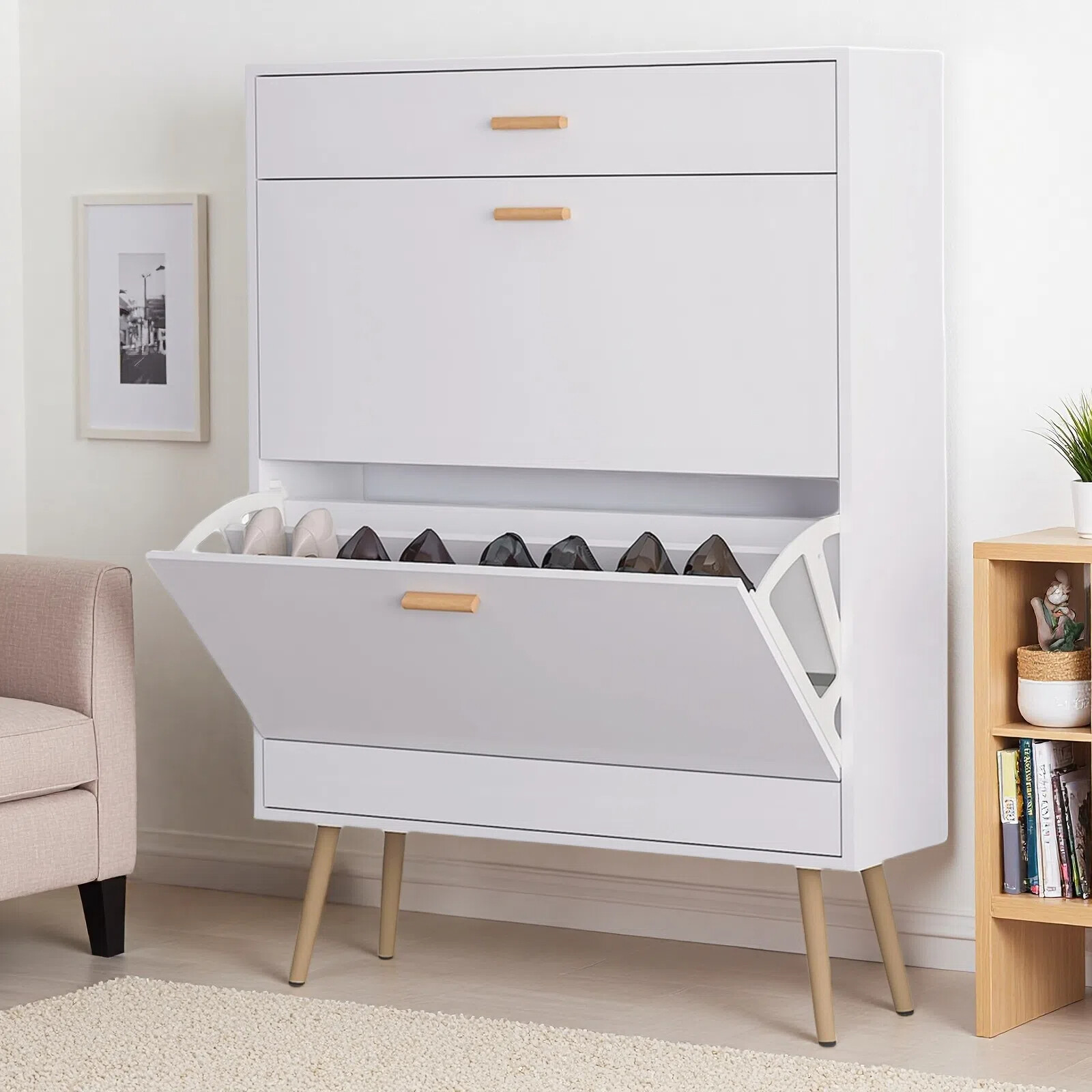 White 2 Flip Drawers Shoe Cabinet, Luxury Shoe Storage & Shoe Rack