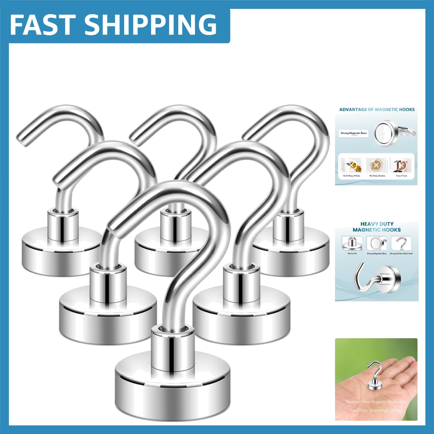 Ultra-Strong 6-Pack 30lb+ Magnetic Hooks with Rust-Free Finish for Versatile Use