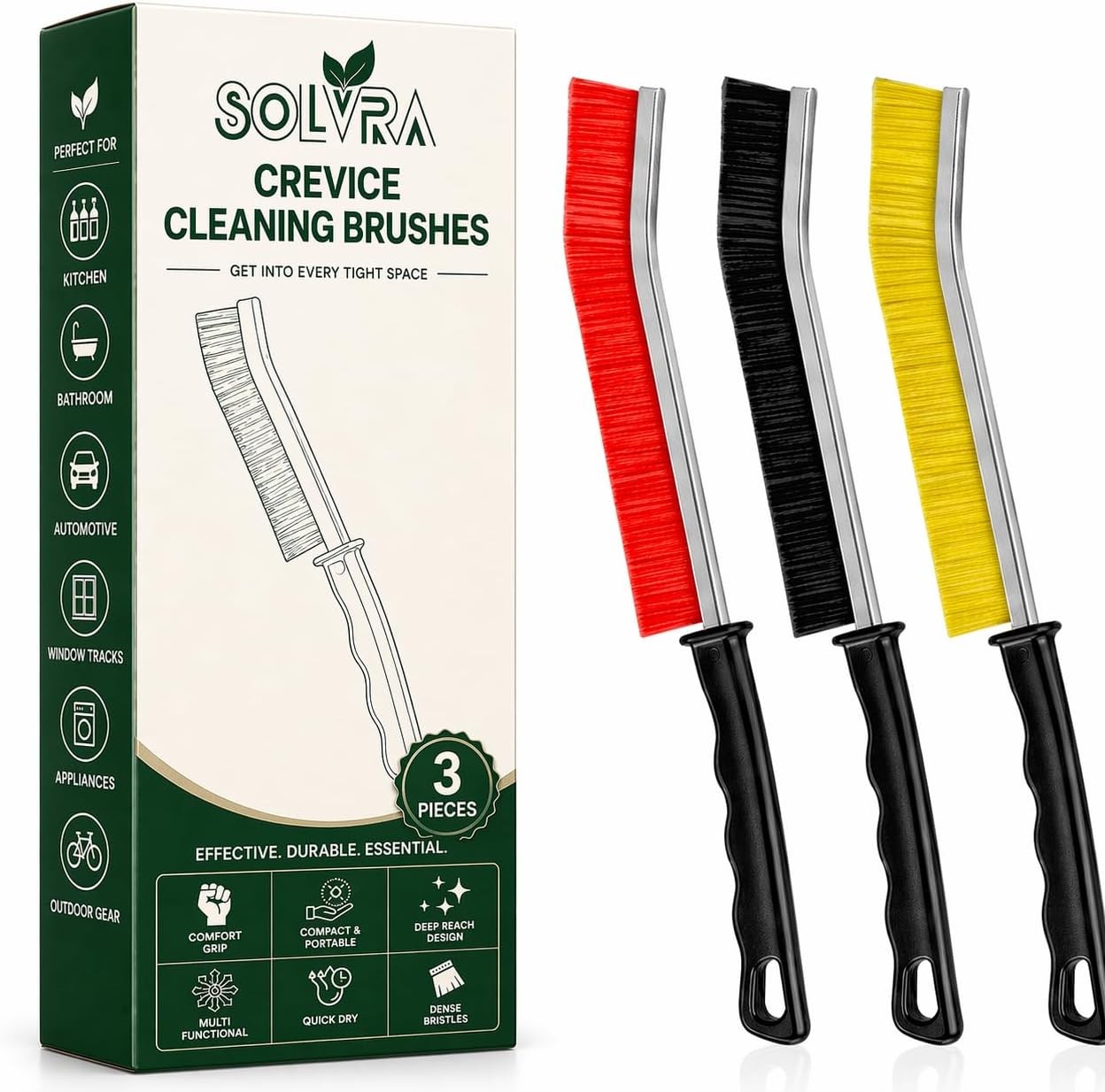 Crevice Cleaning Brush Set – 3Pcs Hard Bristle Cleaning Tools in Red, Black &