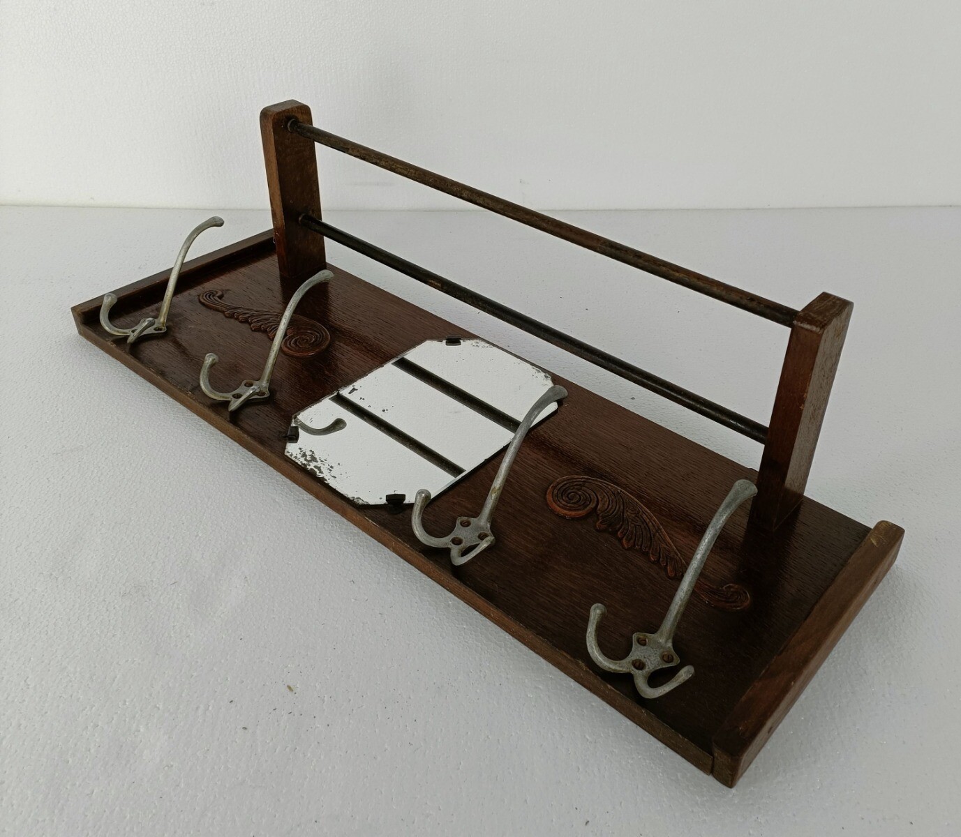 Vintage Wall Coat Rack Shelf Mid Century Modern Railroad Industrial Wood Pop art