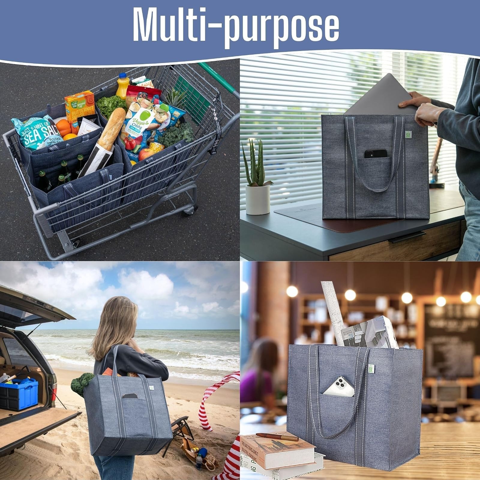 VENO 4 Pack Large Reusable Grocery Bags with Hard Bottom – Gray