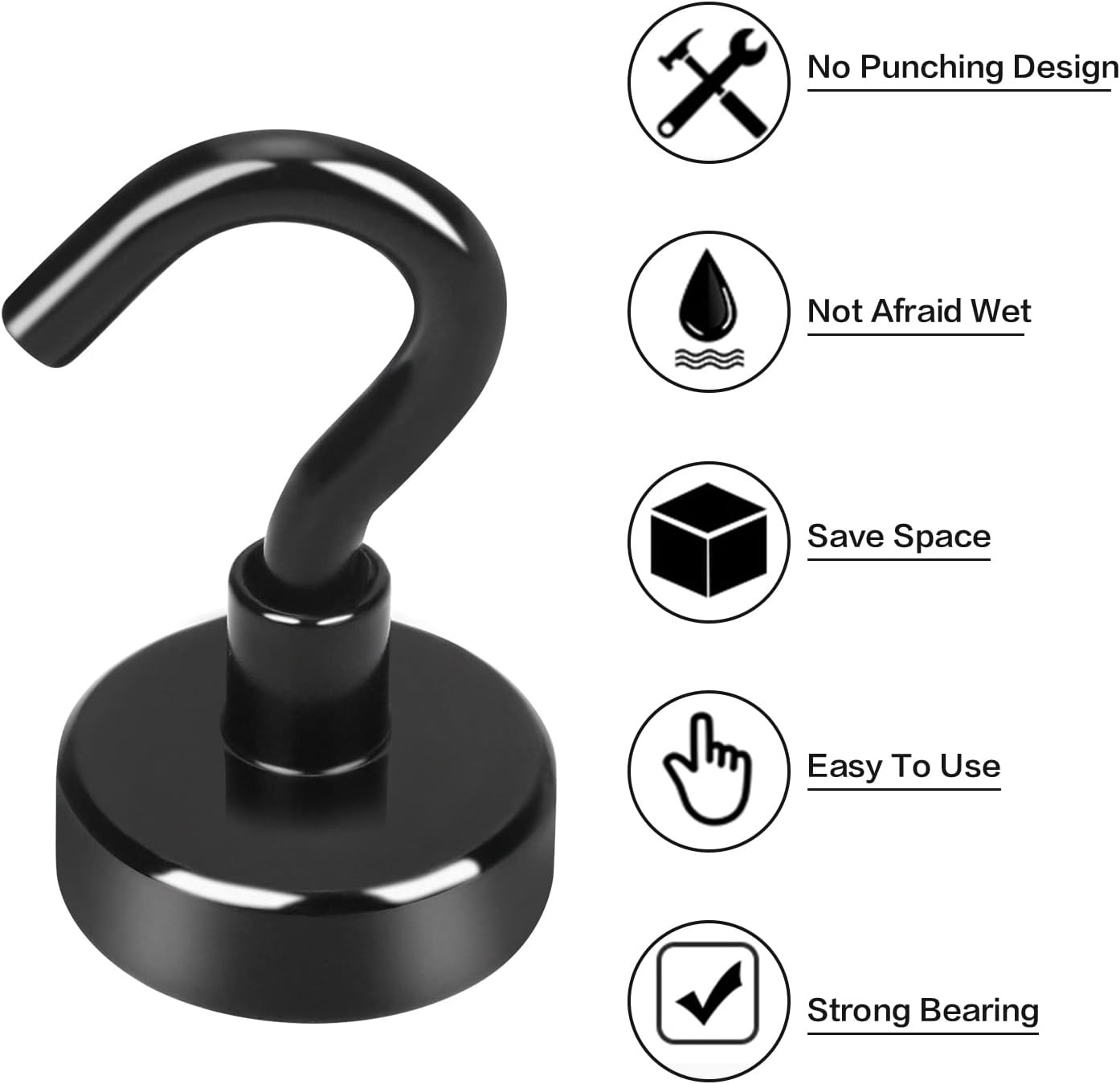 Magnetic Hooks, 30LB Magnet Hook for Cruise,Black,6 Pack | Heavy Duty with Epoxy