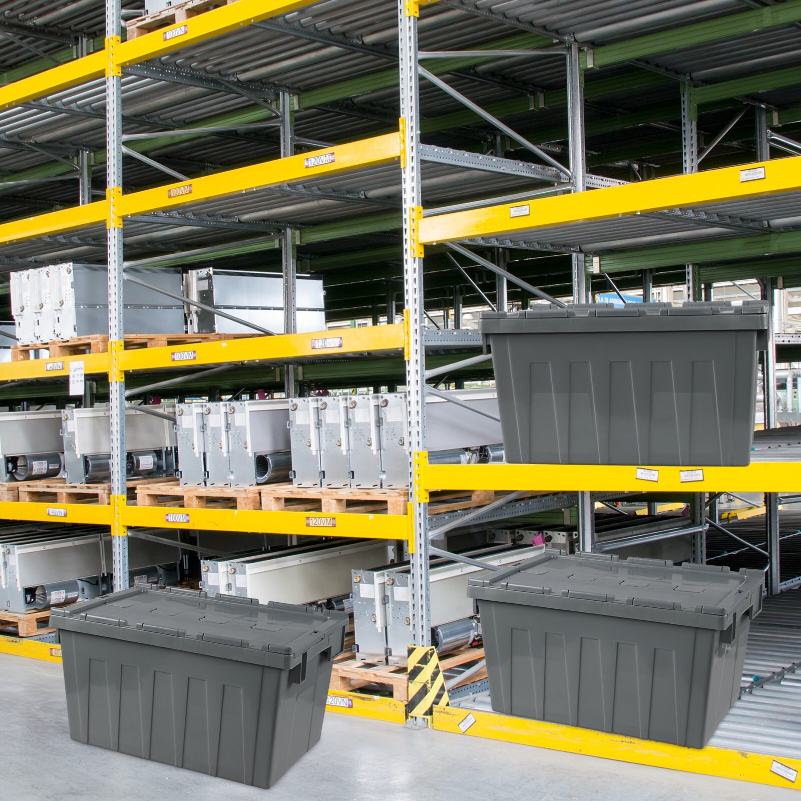 Cand 15 Gallon Plastic Industrial Storage Tote with Hinged Attached Lid, 4 Packs