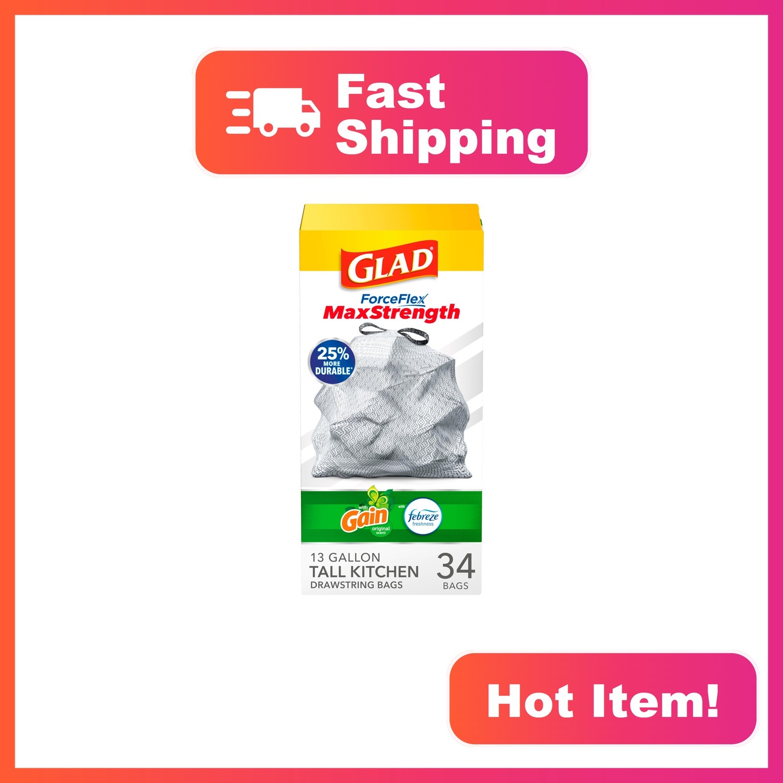 Glad ForceFlex Tall 13 Gal Gain Original 34ct