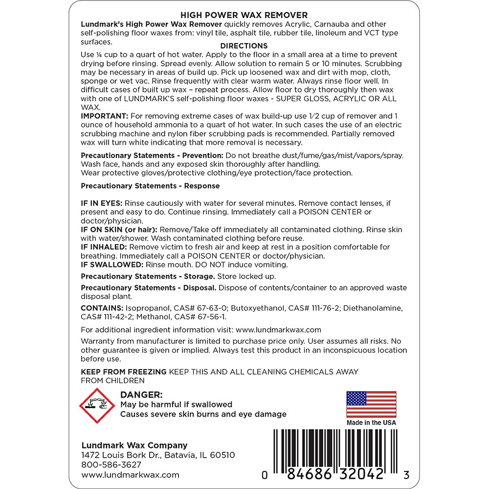 Lundmark High Power Wax Remover, Commercial Strength Floor Wax Stripper, 32-O