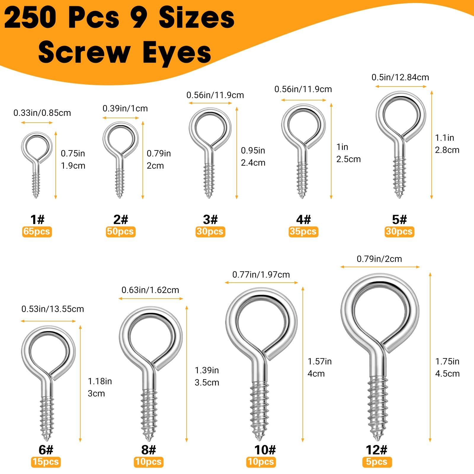 250Pcs Eye Screws, 9 Size 0.75″-1.75″ Eye Hooks Screw