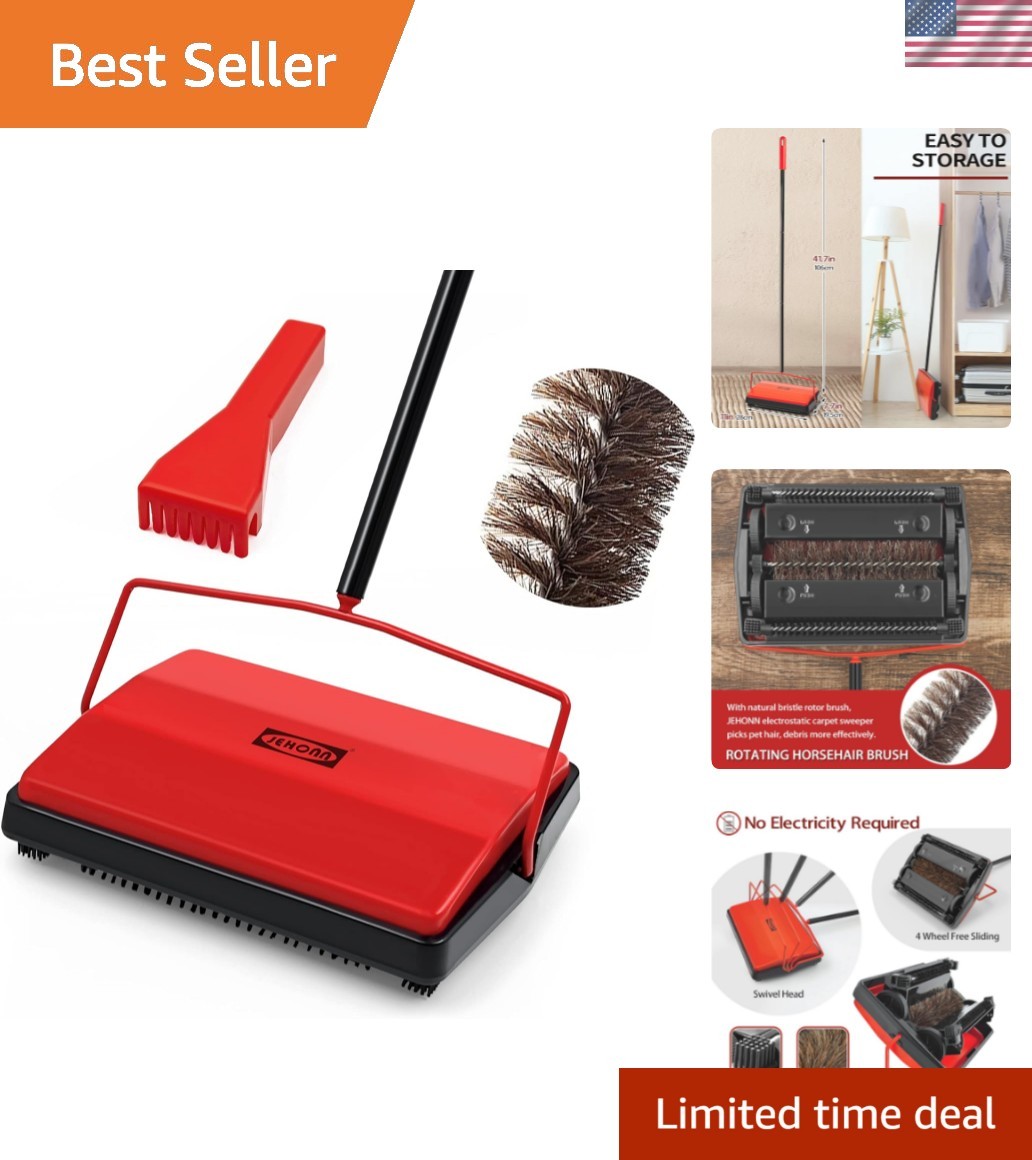 Carpet Floor Sweeper Manual with Horsehair, Non Electric Quite Rug Roller Bru…