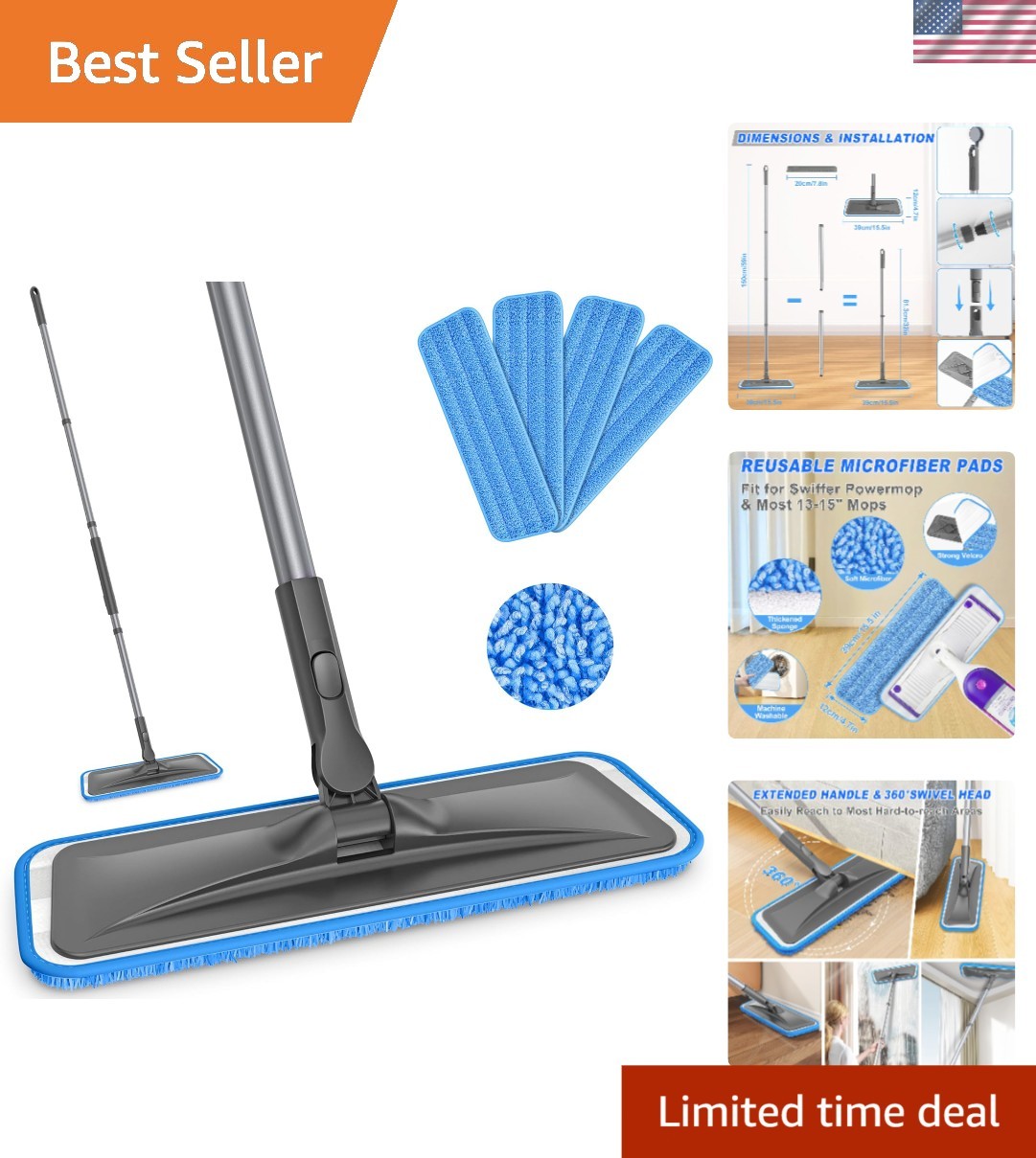 Microfiber Floor Mop Flat Cleaning Tool with 4 Washable Pads Adjustable Handle