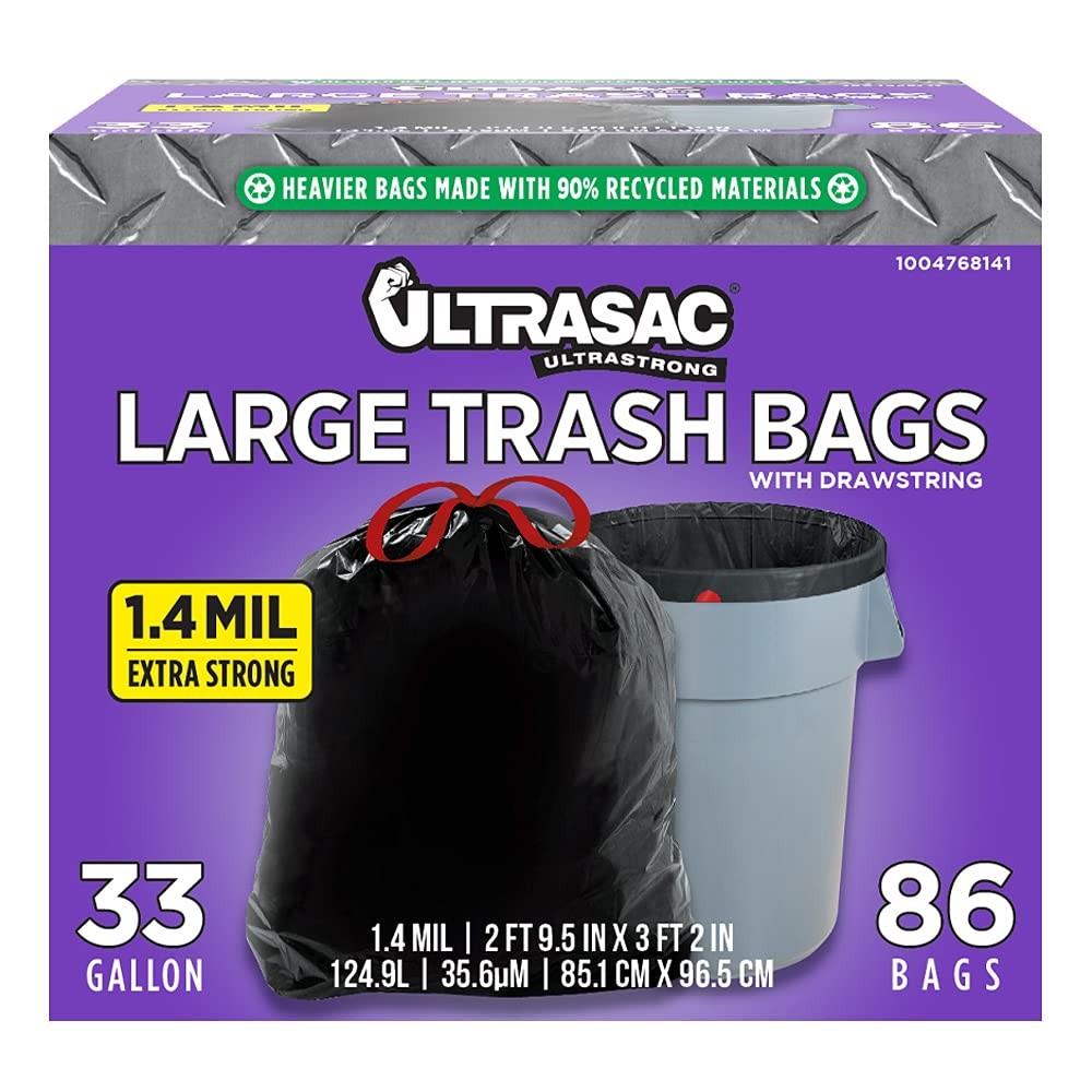 Black Large Heavy Duty Drawstring Trash Bags 33 Gallon 1.4 MIL, 33.5″ x 38″ -…