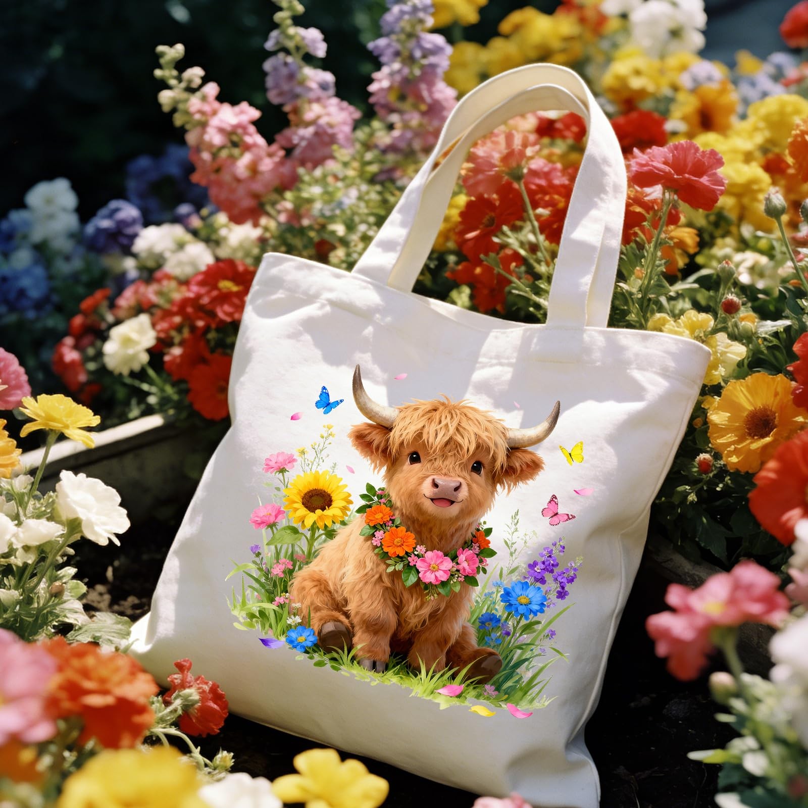 Reusable Durable Floral Highland Cow Canvas Tote Bag, Zippered Shoulder Women’s