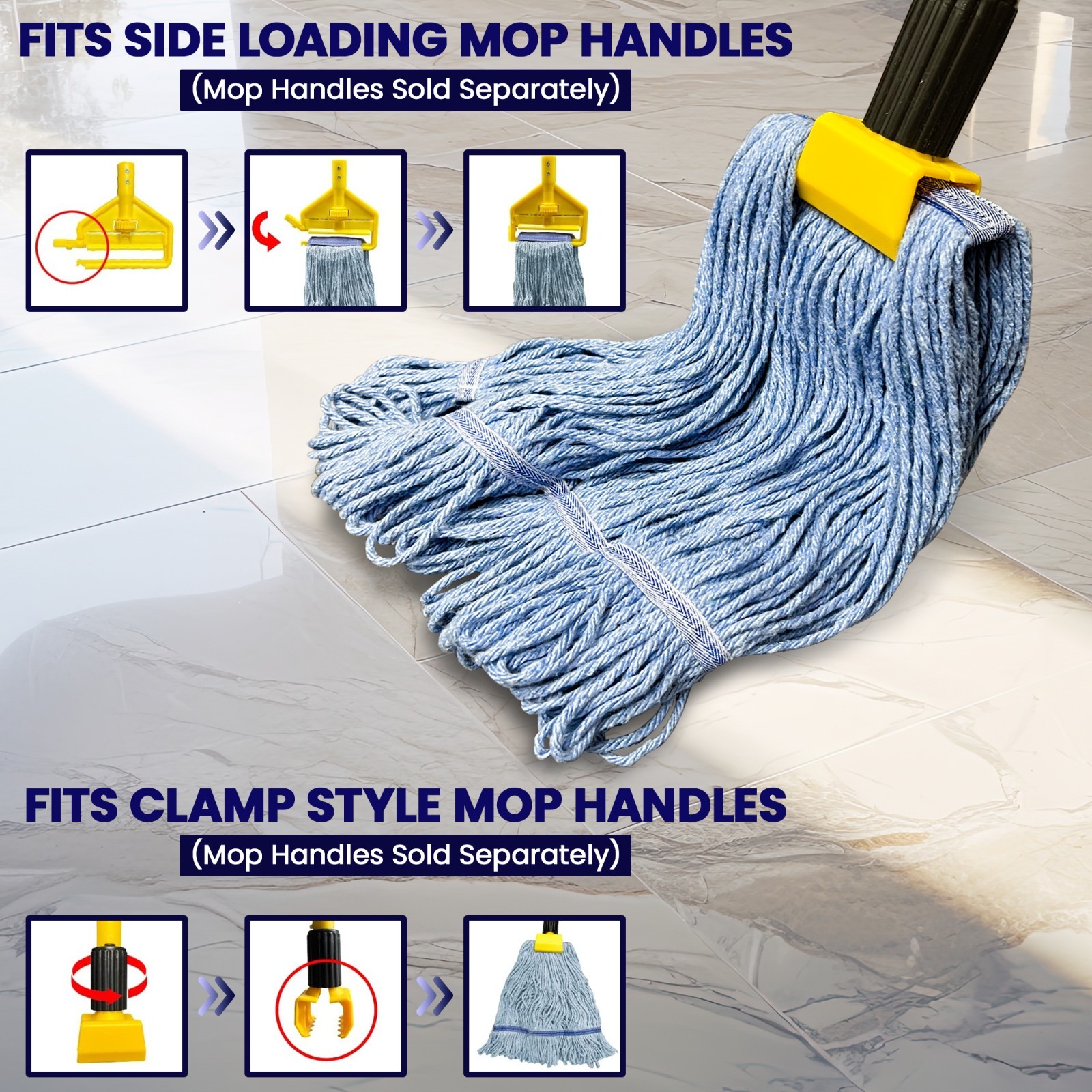 Heavy Duty Blue Mop Head. Machine Wash. Synthetic Cotton Blend Looped End-3 Pack