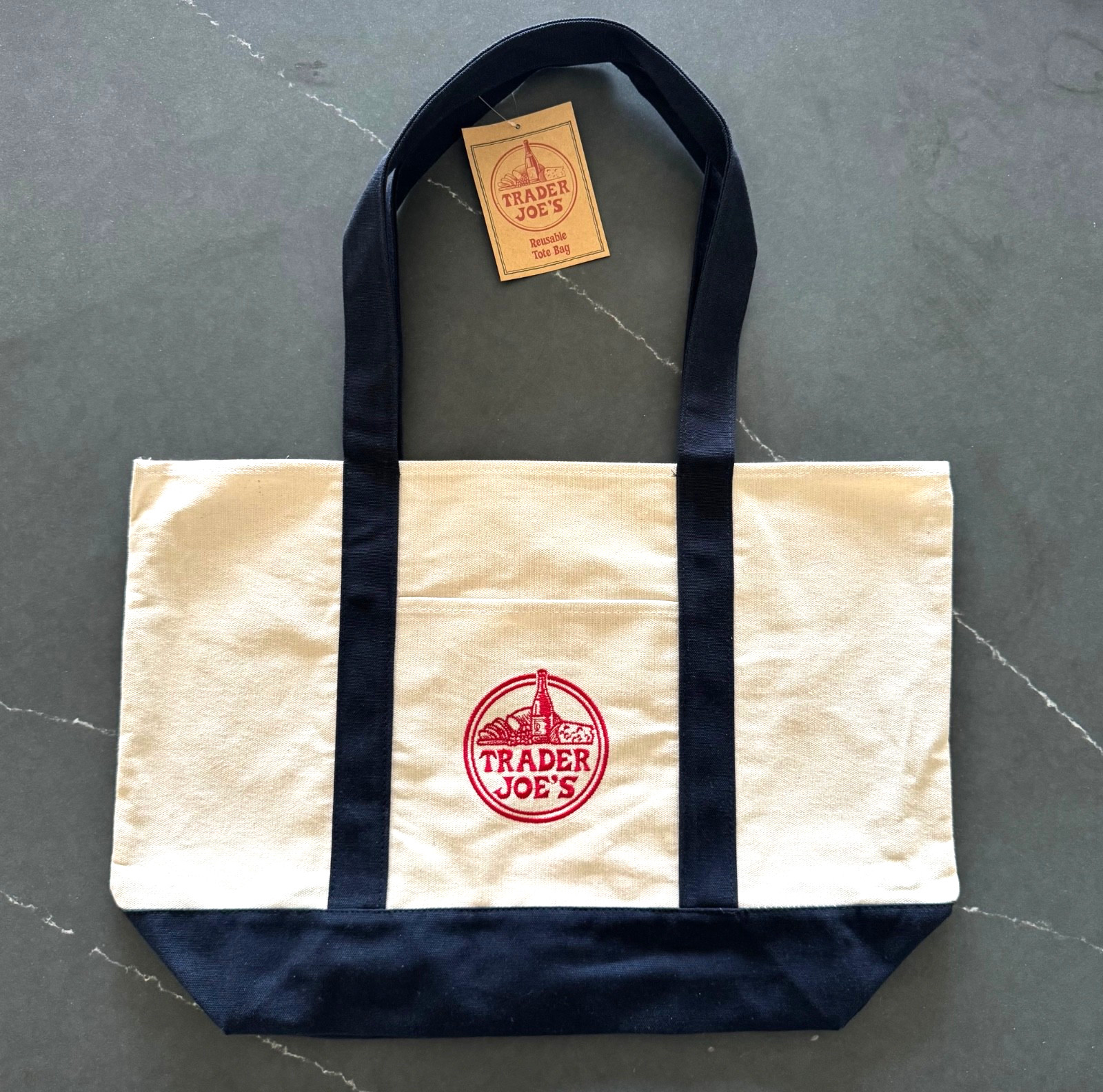 TRADER JOE’S LARGE CANVAS BAG HEAVY COTTON REUSABLE SHOPPING BAG LARGE NAVY BLUE