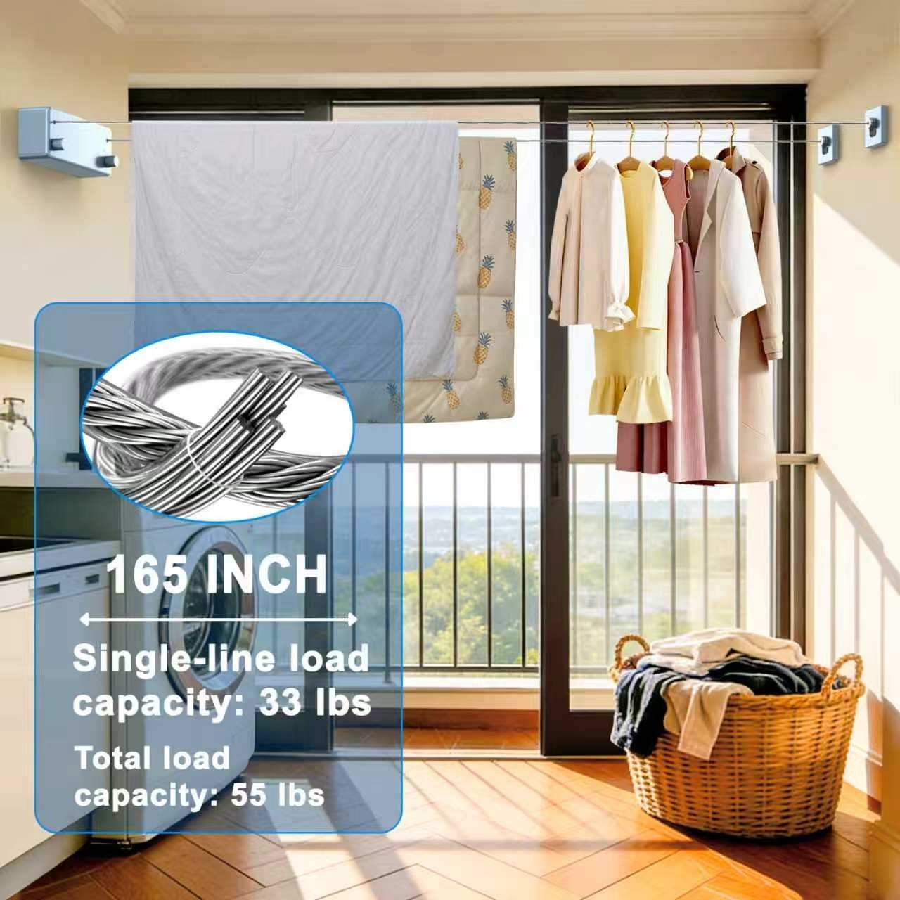 Retractable Clothesline 304 Stainless Steel 33lb Load Indoor/Outdoor Wall Mount