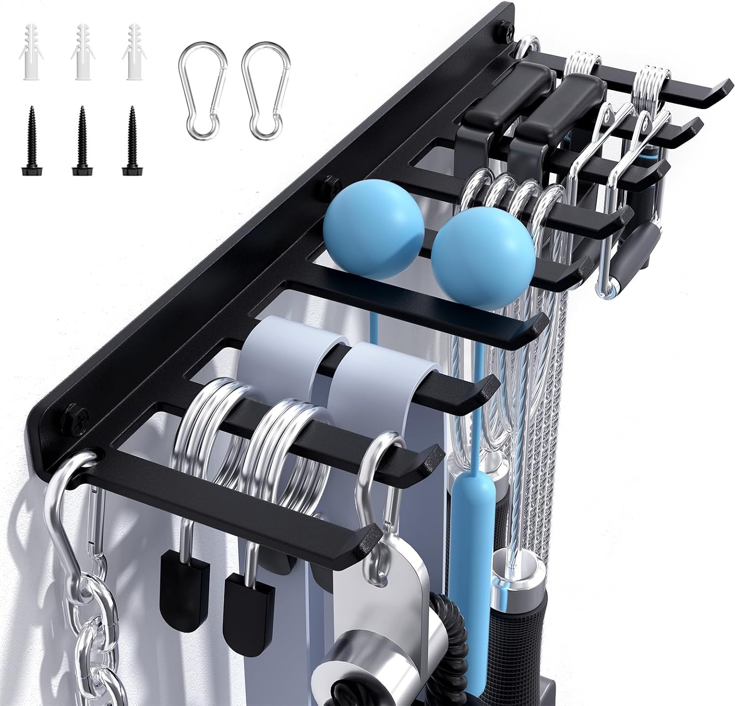 Home Gym Accessories Storage Wall Rack with Sturdy Hooks, Carabiner Clips | Heav