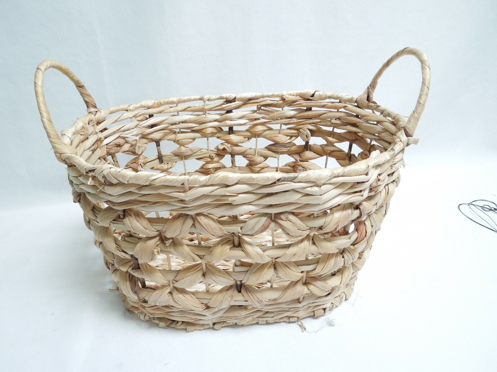 Large Woven Straw Basket with Metal Frame and Handles for Fruits & Vegetables