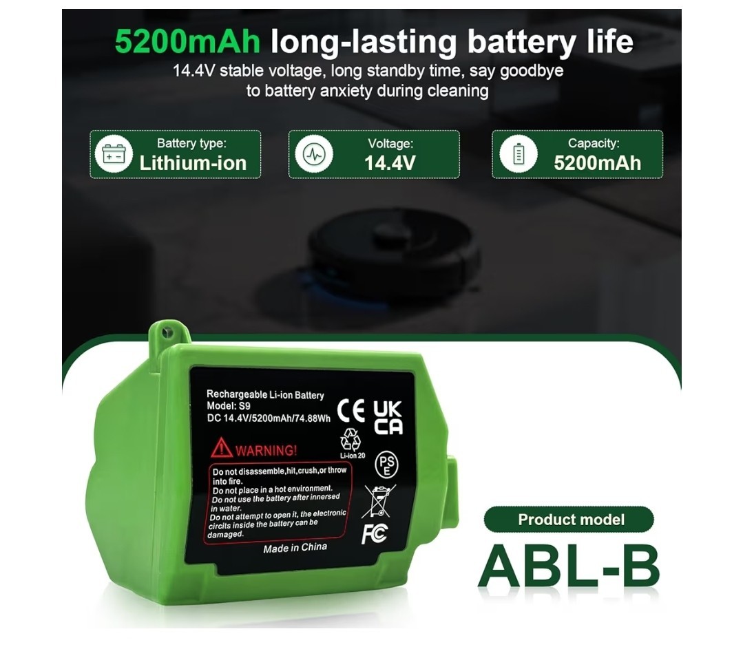 Specification: 14.4V, 5200mAh. Suitable for Long-Lasting Power Supply for iRobot