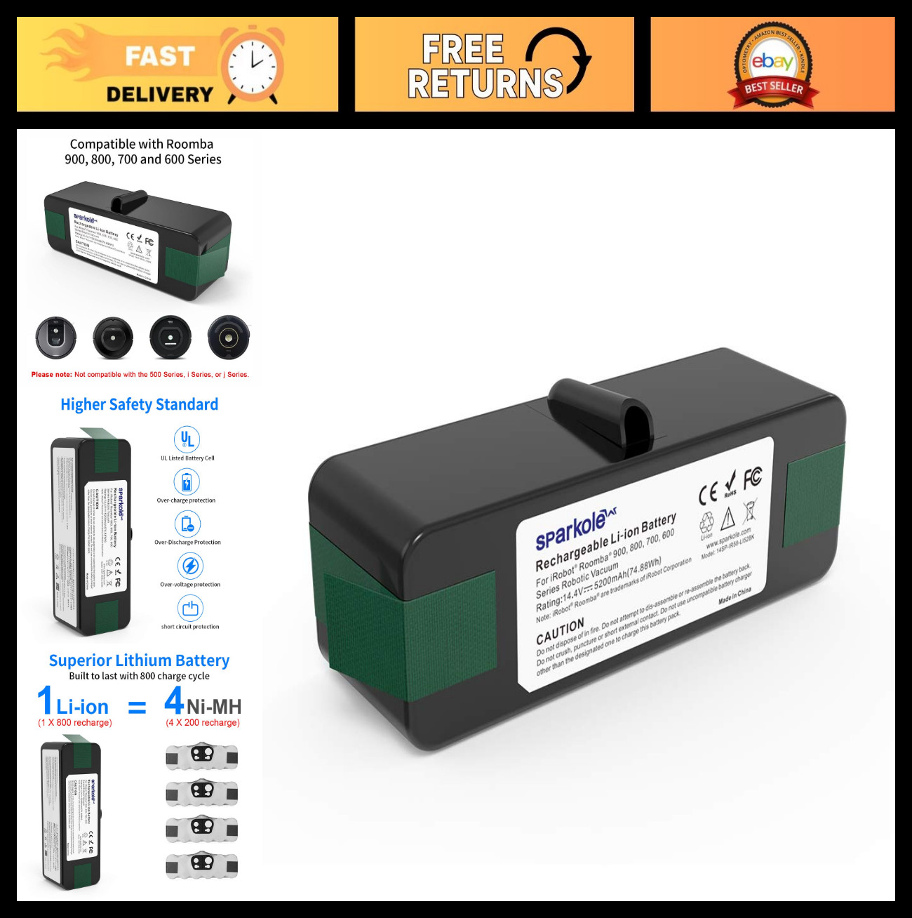 14.4V 5200mAh Li-ion Replacement Battery for iRobot Roomba 900 800 700 600 Serie