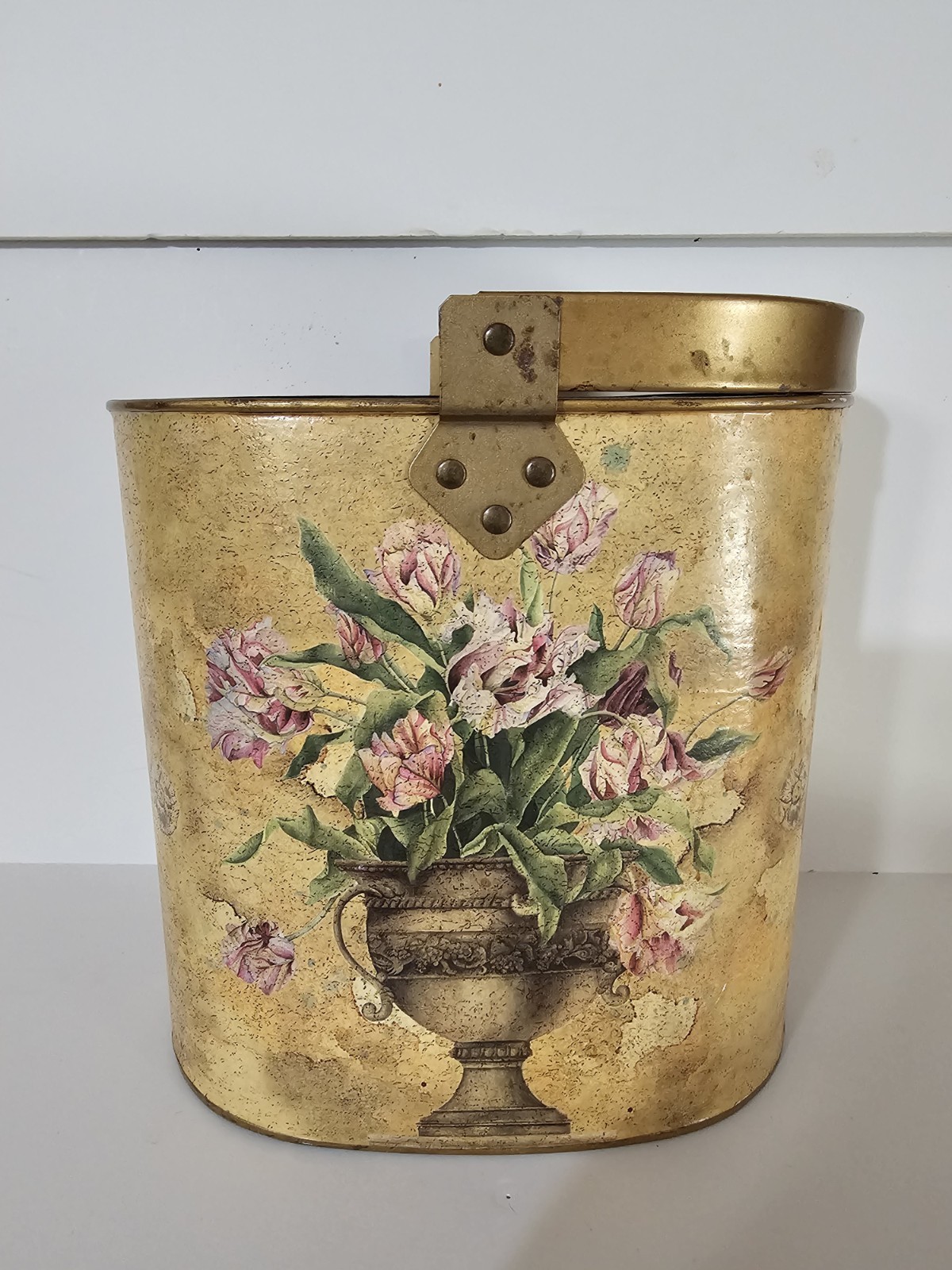 Waste Basket Metal Bucket Distressed Yellow Floral