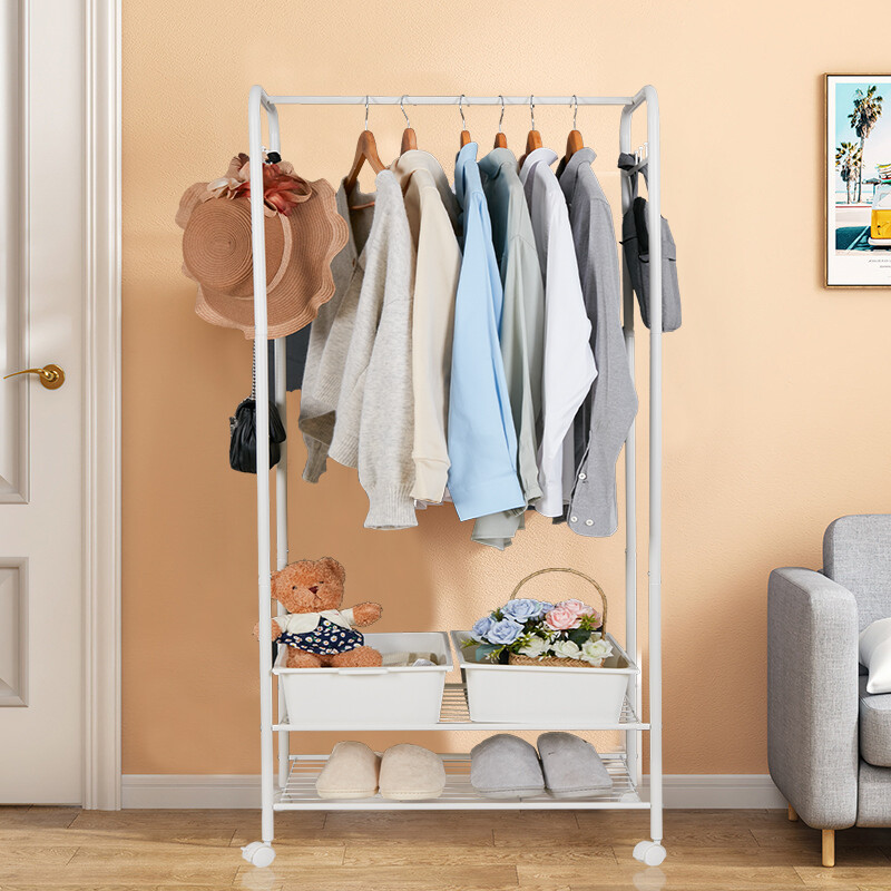 Heavy Duty White Clothing Garment Rack Rolling Clothes Organizer 2 Tiers Shelves