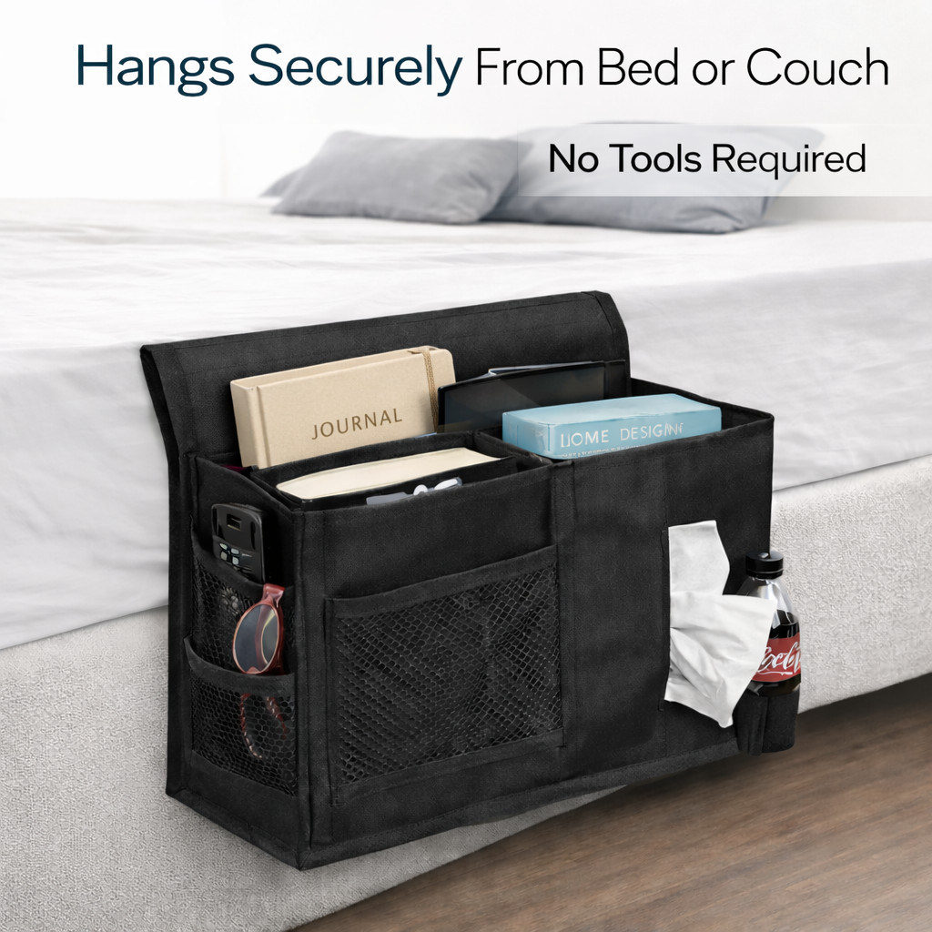 7 Pocket Bedside Caddy Organizer Multi Pocket Black Magazine Rack