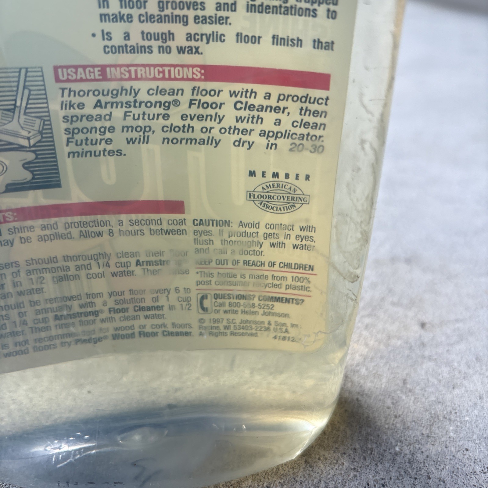 SC Johnson 1997 Future Acrylic Floor Finish Polish Wax 27 fl oz 85%-90% Full