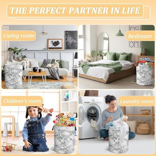 Laundry Hamper Bag With Waterproof Liner – Round S(38L) Black And White Marble