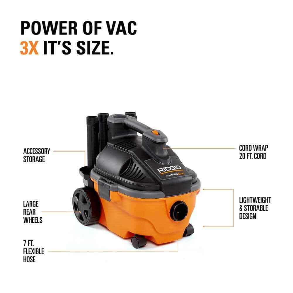 RIDGID 4 Gal 5.0 Peak HP Portable Shop Vacuum w/ Fine Dust Filter & Attachments