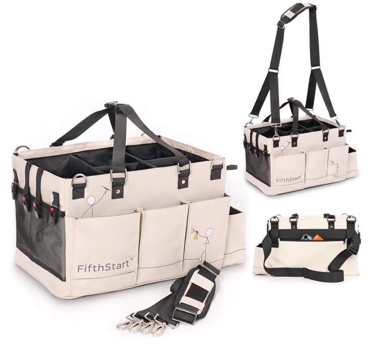 Multiuse Cleaning Caddy with Waist & Shoulder Strap,9 Pockets Beige Large Bag