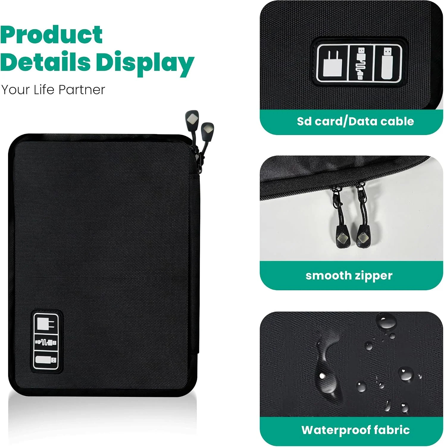 Electronics Travel Organizer Tech Pouch Cable Cord Charger Power Bank SD Card