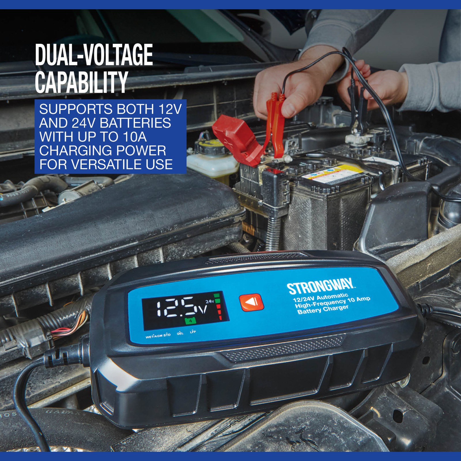 Strongway 12/24V Smart Battery Charger, 120V Input, 10A Max. Output, 3 Settings