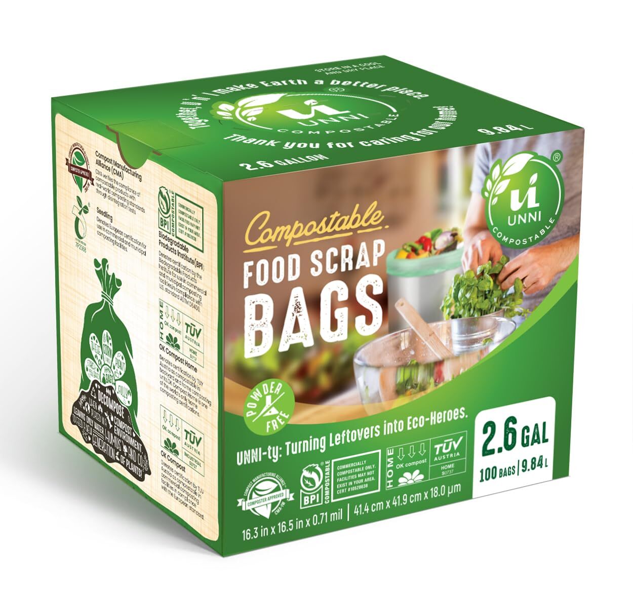 Compostable Liner Bags 2.6 Gallon 9.84 Liter 100 Count Extra Thick 0.71 Mil Smal