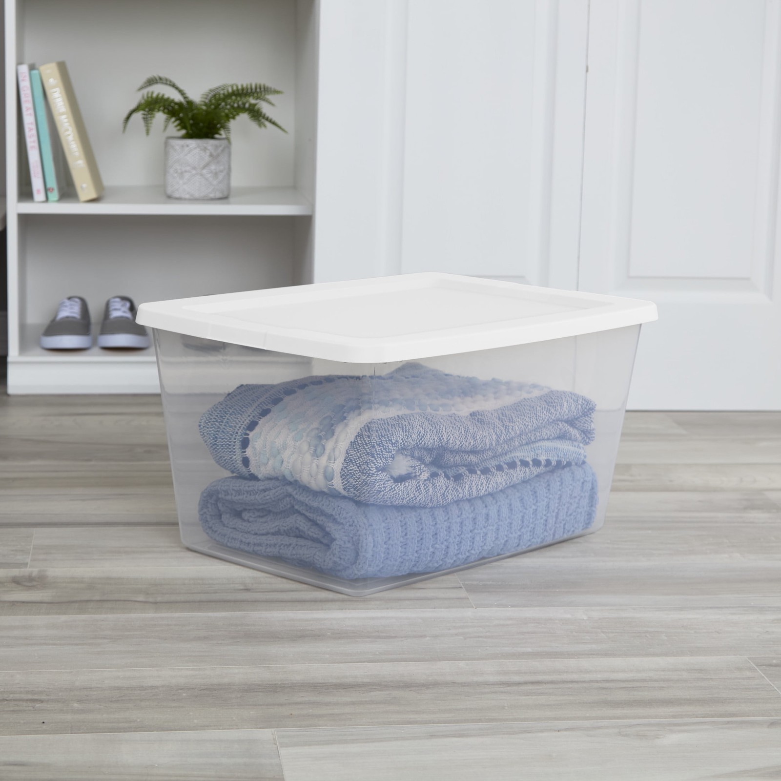 58 Quart Medium Storage Bin, Clear Plastic Storage Container with Snap-On Lid