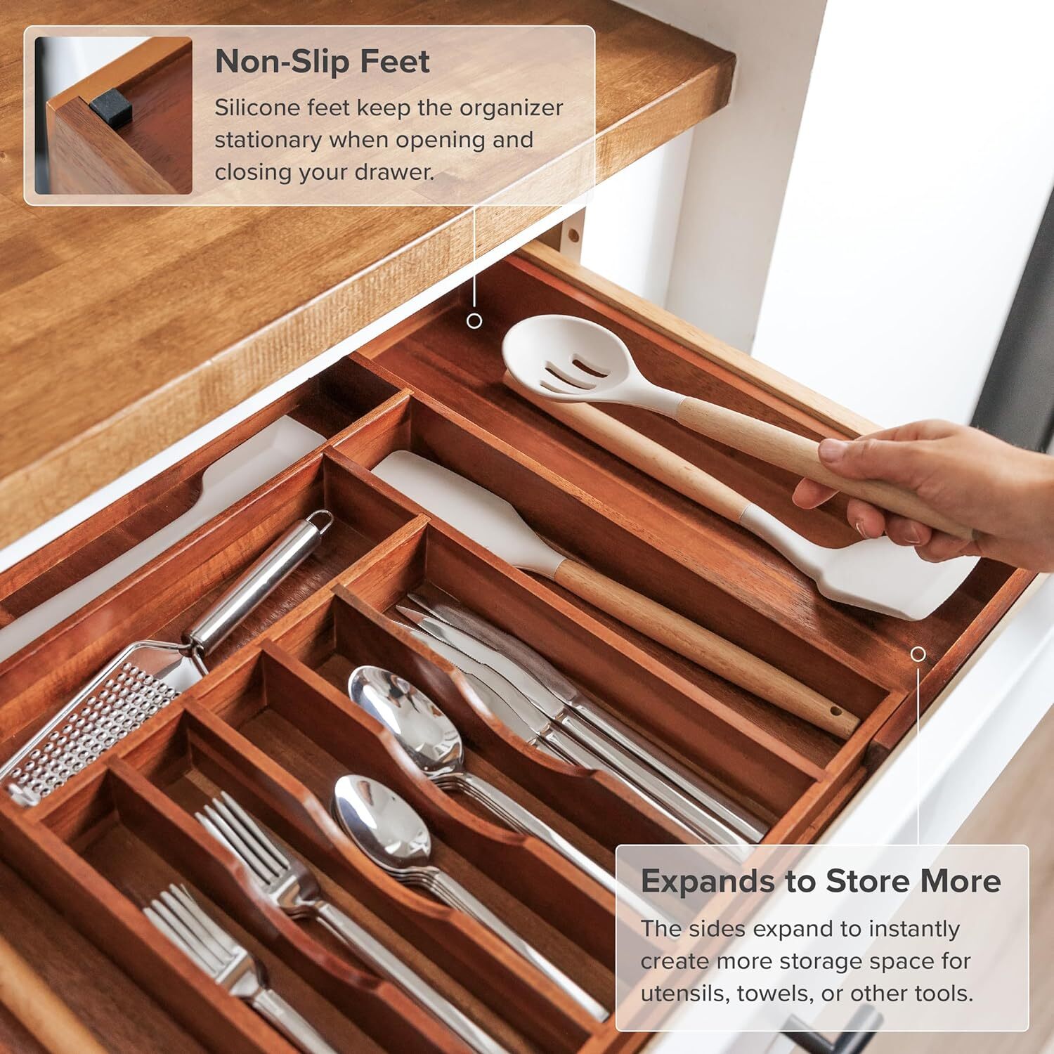 Premium Silverware, Flatware and Utensil From 14″ to 25″ wide, Natural Acacia