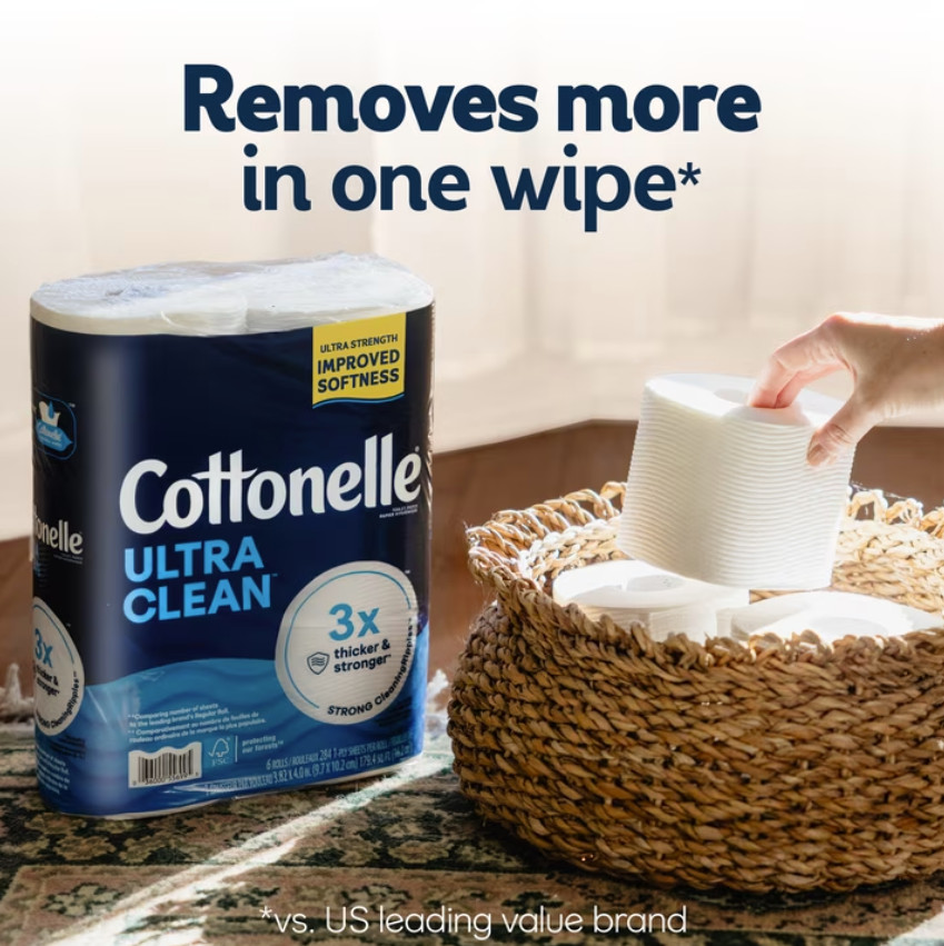 2 Pack Cottonelle Ultra Clean Toilet Paper, Strong Toilet Tissue, 36 Mega Rolls