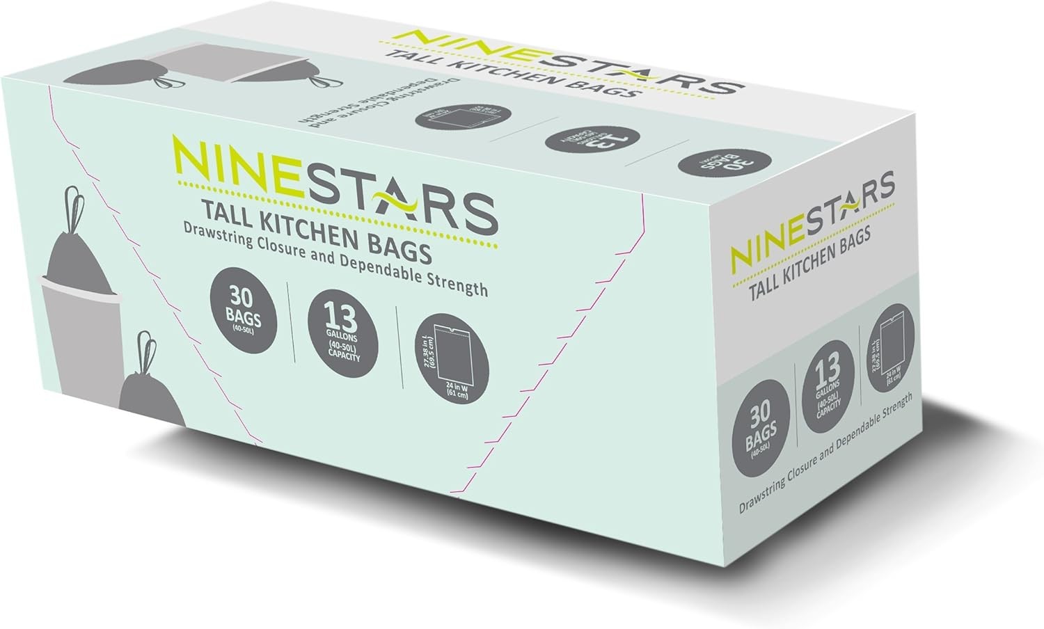 NINESTARS NSTB-13-30 Extra Strong White Trash Bag w/Drawstring Closure, 13 Gal.