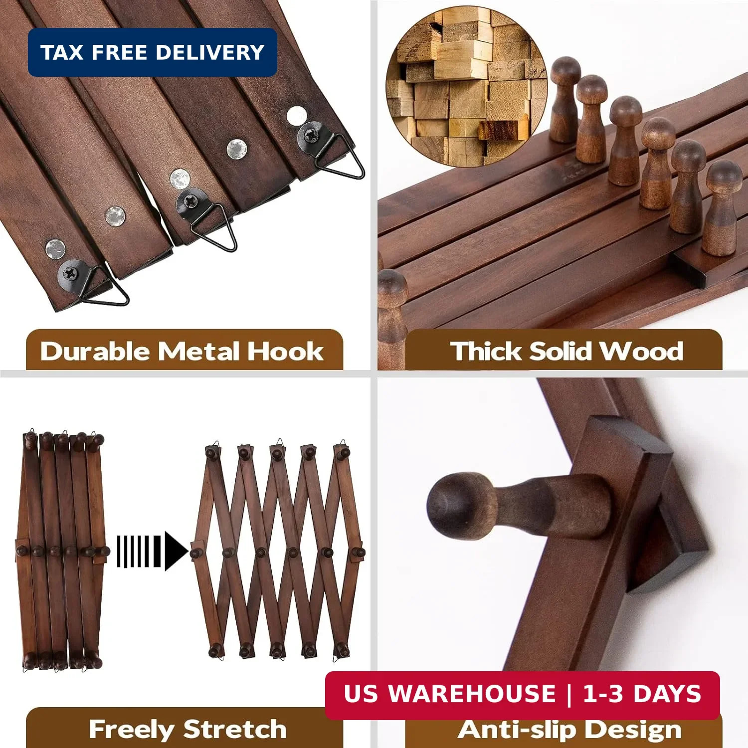 Hat Rack for Wall, Expandable Wall Hat Holder with 16 Hooks, 16 inch Wooden Wall