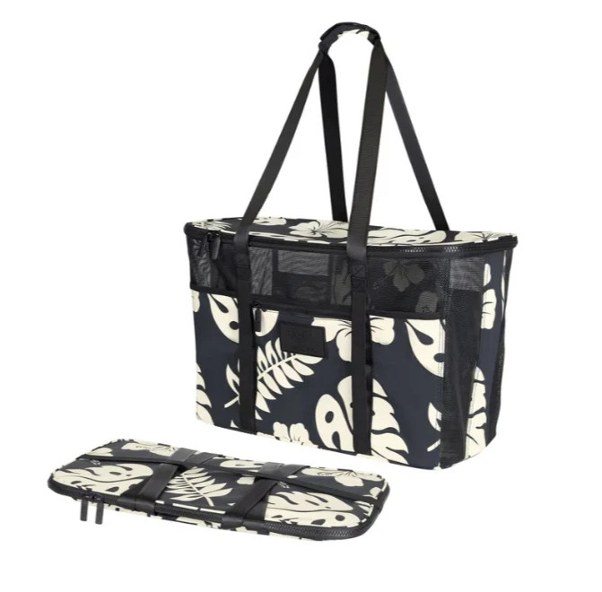 Aloha Collection CleverMade Collapsible Beach Tote Bag Fold Flat Mesh Black