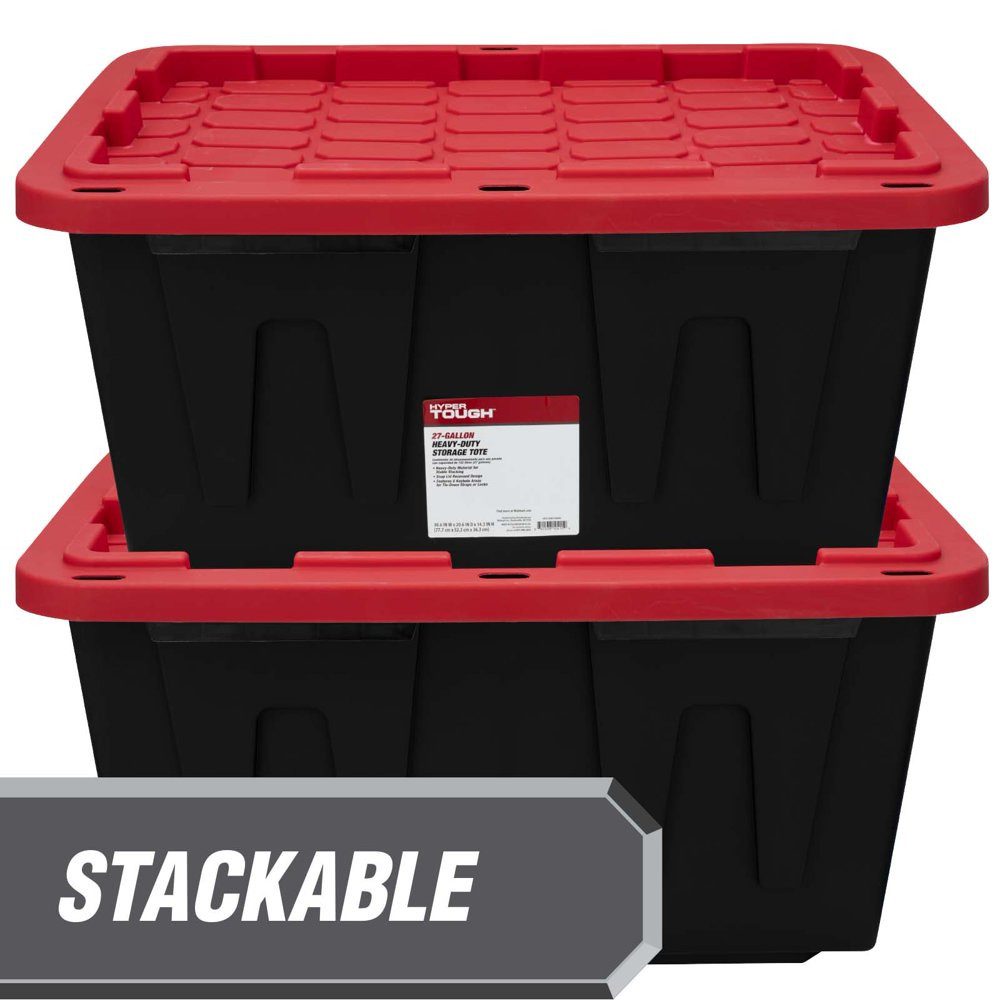 Plastic Storage Tote Box Stackable Lid Heavy Duty Black Hyper Tough 27 Gal