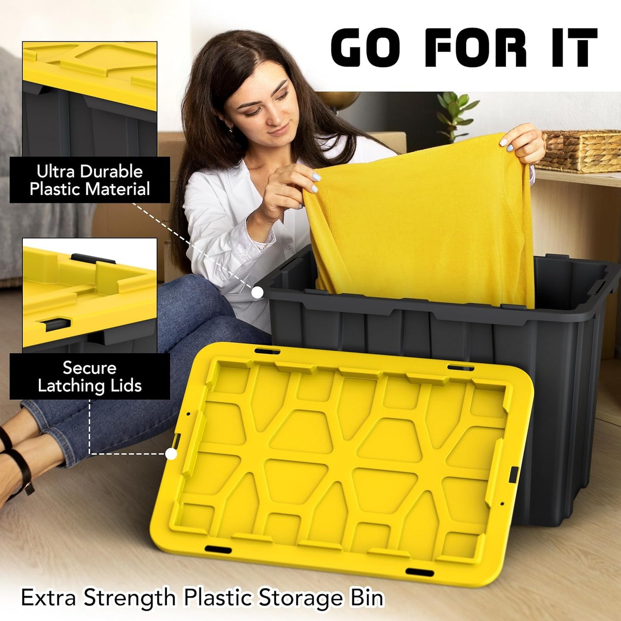 Heavy-Duty Black 12/17/23-Gallon Plastic Storage Bin with Snap Lid