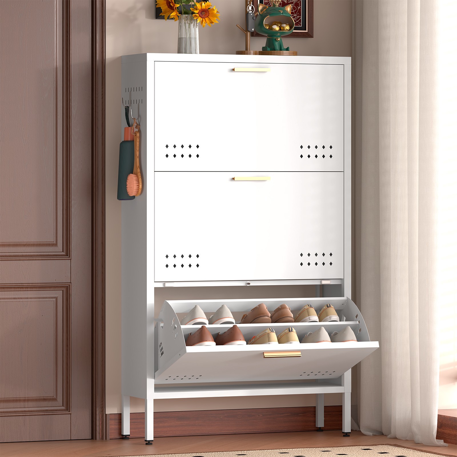 Shoe Cabinet with 3 Flip Drawers, Hidden Metal Shoe Cabinet for Entryway Hallway